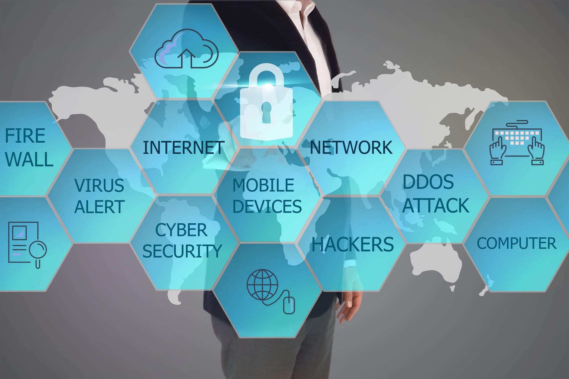 Shield with keyhole security business concept teamwork icon virtual hexagon screen.